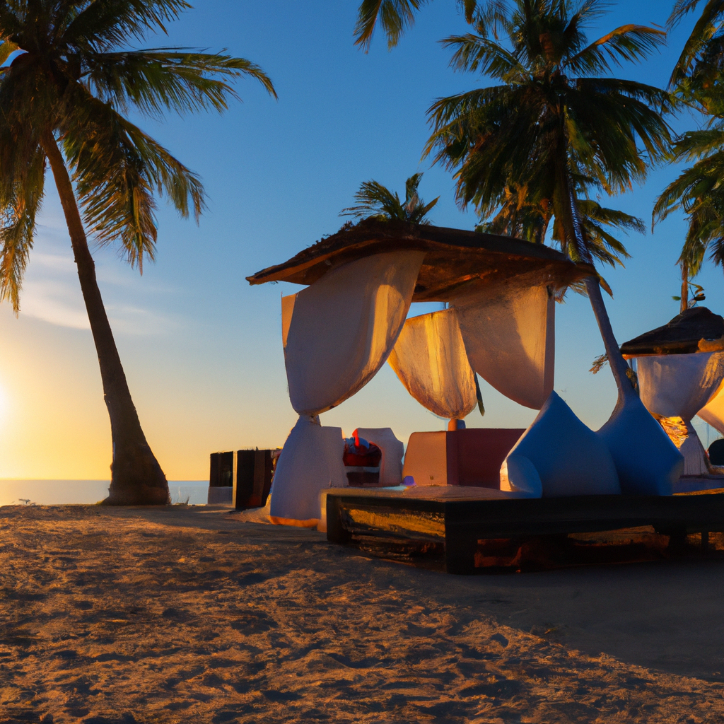 Studio photo premium dans les îles françaises avec lumière dorée et palmiers